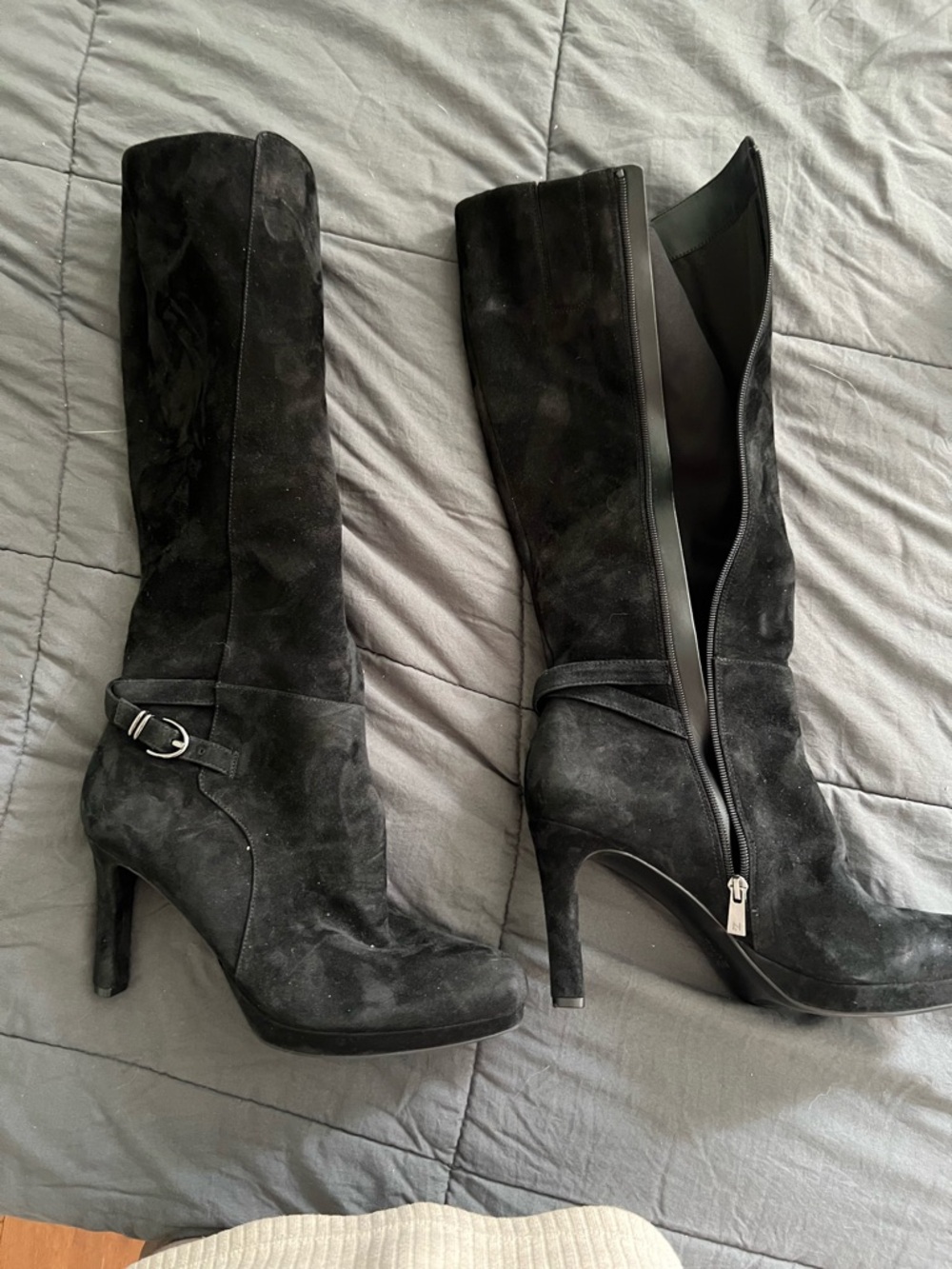 Naturalizer Black Suede Tall Heeled Boots with Buckle